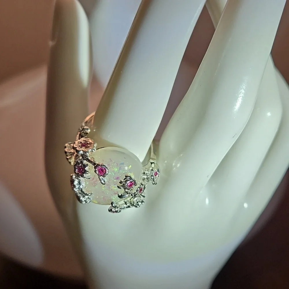 ♥️5 for $25♥️Egg-Shaped Opal Ring - Silver-Plated Vintage Style Charm size 9